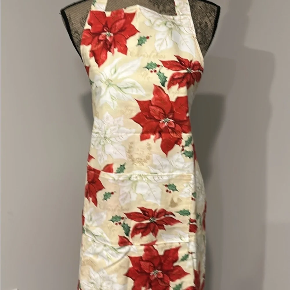 Handcrafted double sided Apron with Apples and Poinsettias with pockets